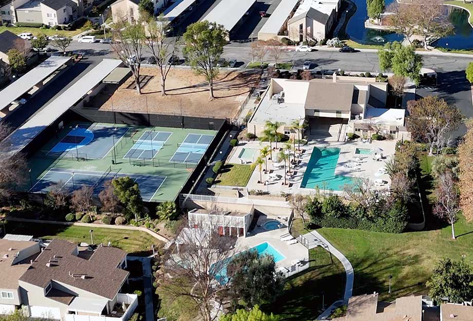 Aerial of Lakeshore HOA Pool and Sports Courts