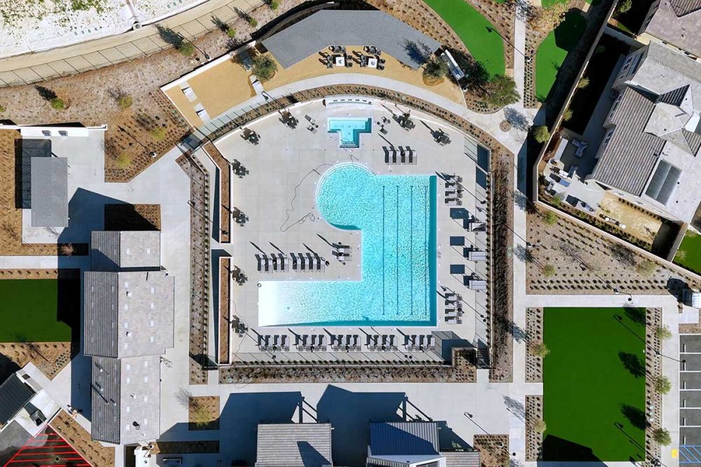 Aerial Looking Down at Oasis Pool and Hot Tub