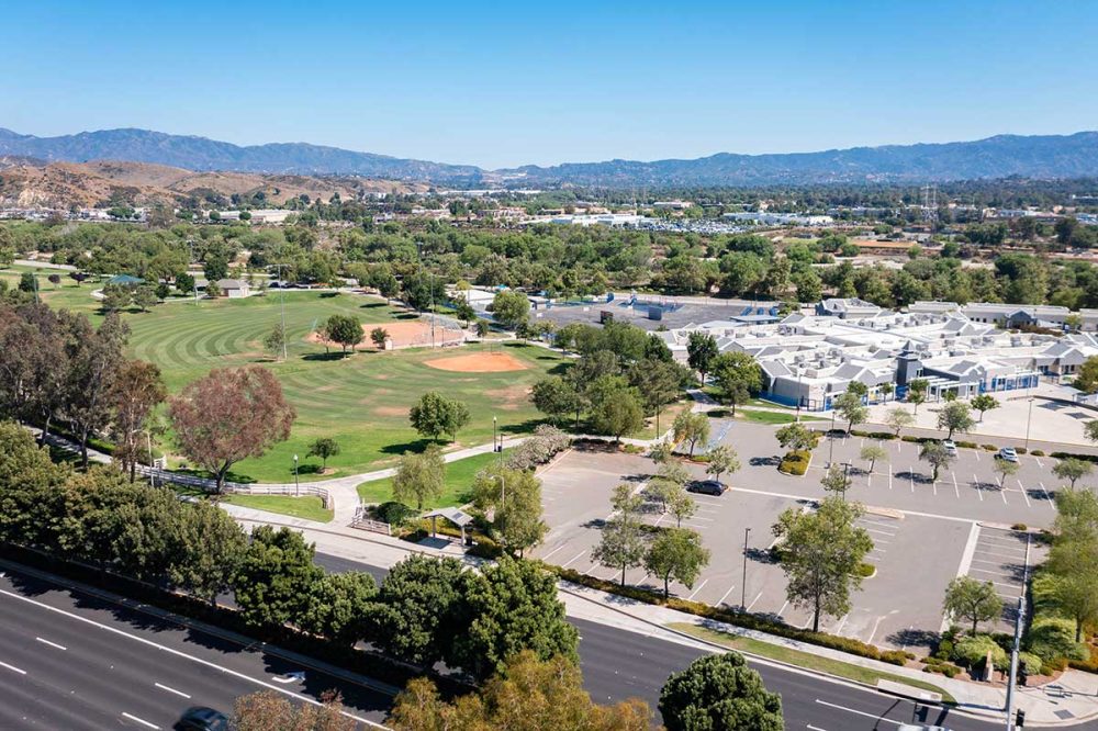 Aerial Shot of Bridgeport Park and School in Valencia CA